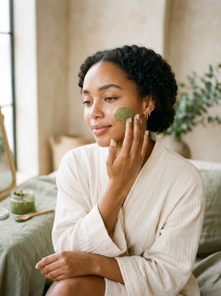 Botanical skincare ritual with a green facial mask